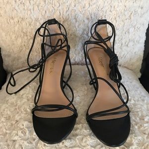 NWOT Allegra K black tie up ankle heels sandals strapy size 9 formal
